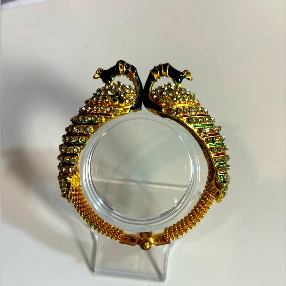 Peacock golden and rhinestone hinged openable bangle